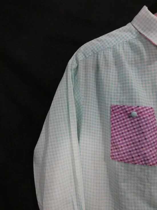 Handmade Pastel Colorblock Gingham Button-Down Shirt - P2P 21" - Picture 5 of 16